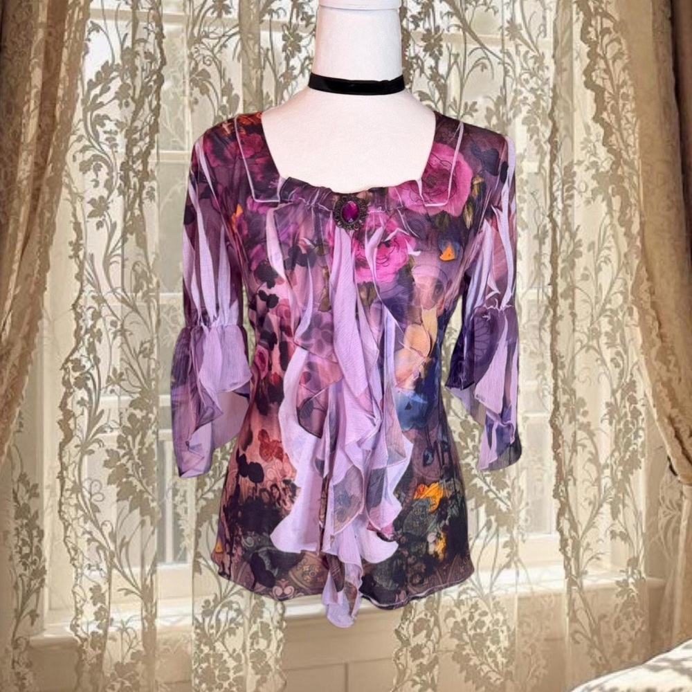 Vintage Y2K Whimsygoth Fairycore Purple Floral Ruffle Flared Sleeve Top